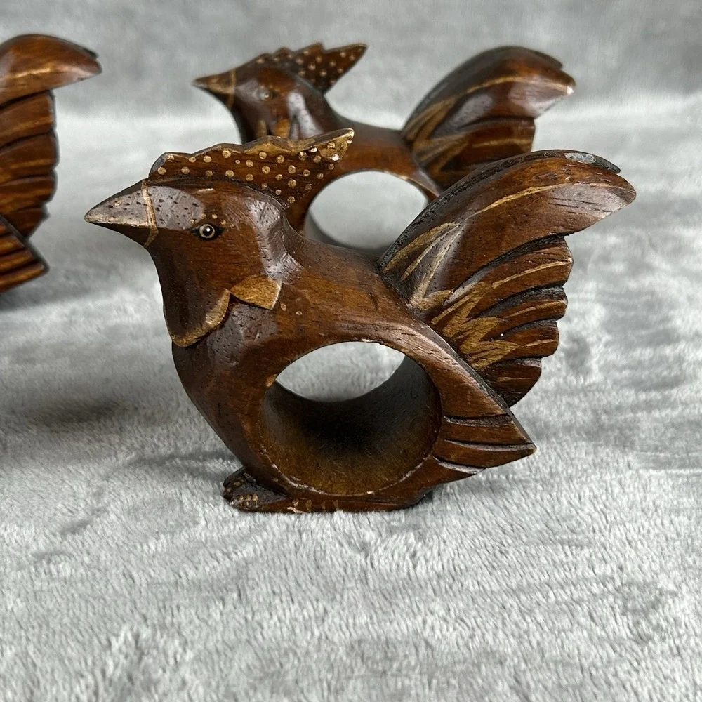 Carved Wooden Napkin Rings Set Of 5 Chicken Rooster Hand Made Vintage Dark Wood